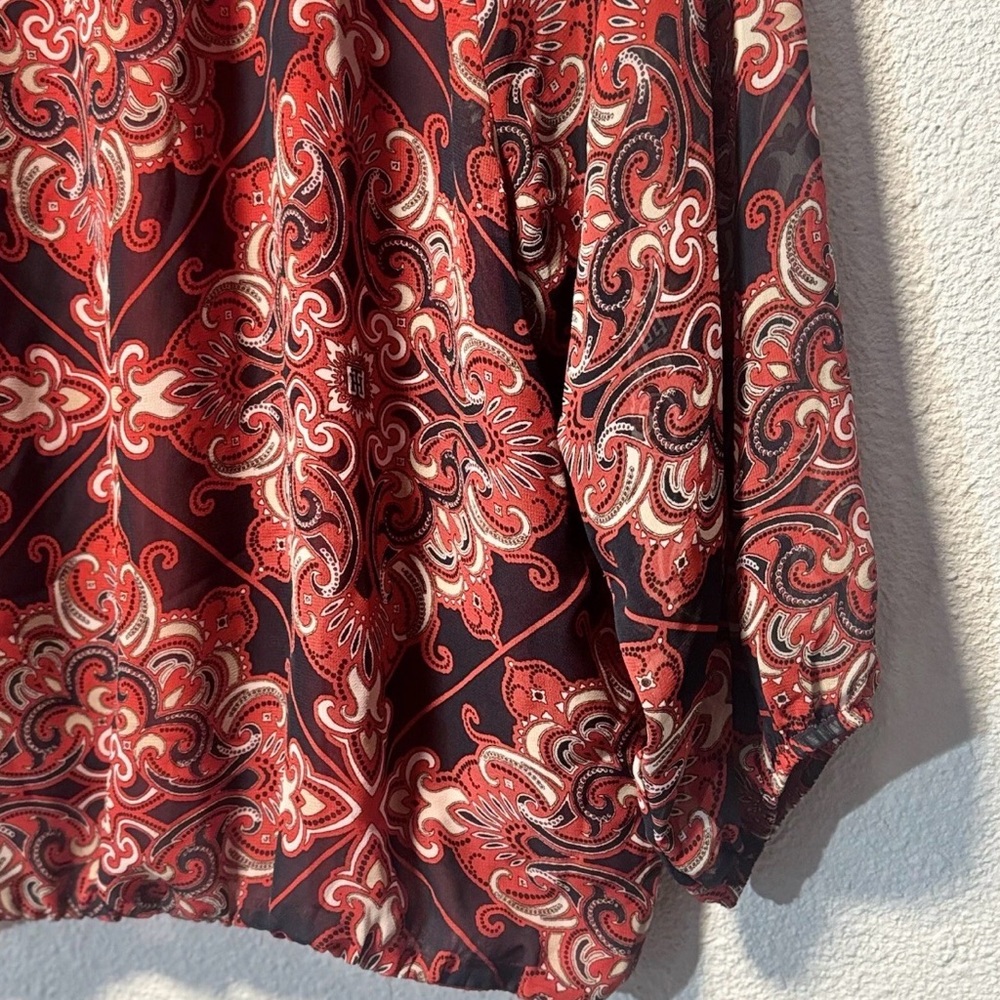 Tommy Hilfiger Paisley Print Chiffon Blouse XL Red Navy Boho Top Bubble - Picture 7 of 8